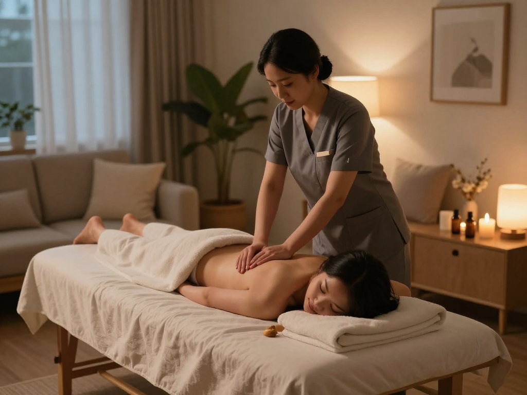 광명출장안마 offering serene home massage services with a professional therapist preparing a calming environment for relaxation.