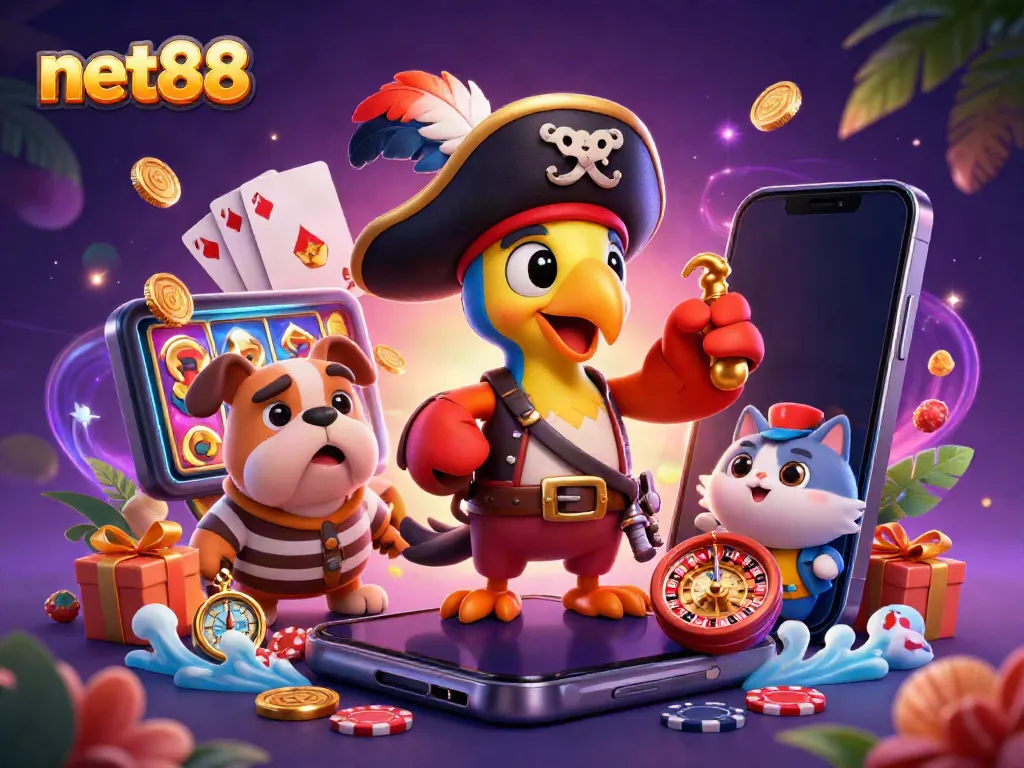 Play slots and win with net88 in a vibrant 3D casino scene featuring colorful games.