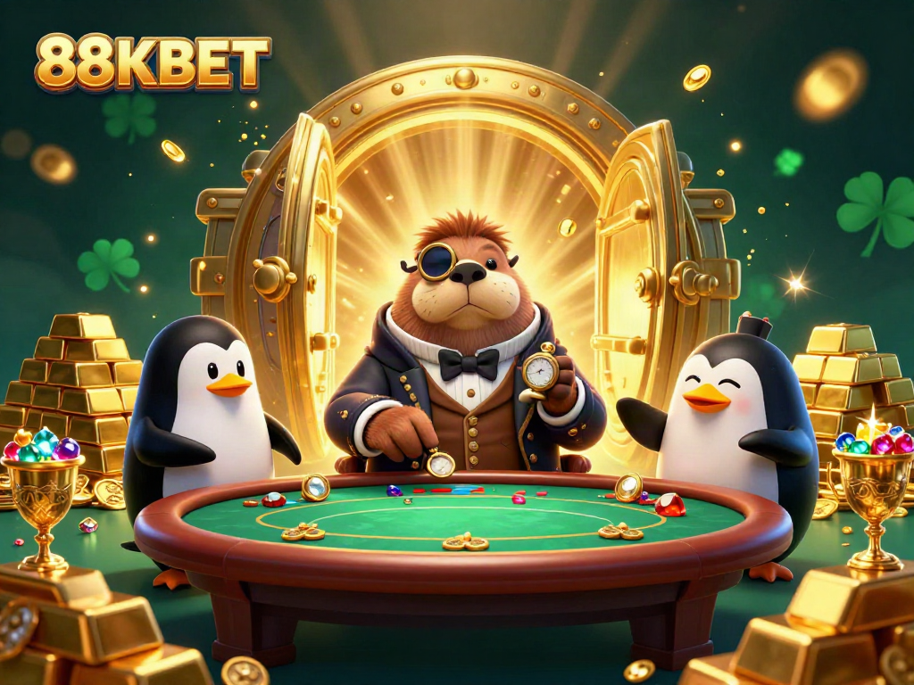 Experience undersea poker action at 88KBET with a walrus dealer, penguin host, and pufferfish player.