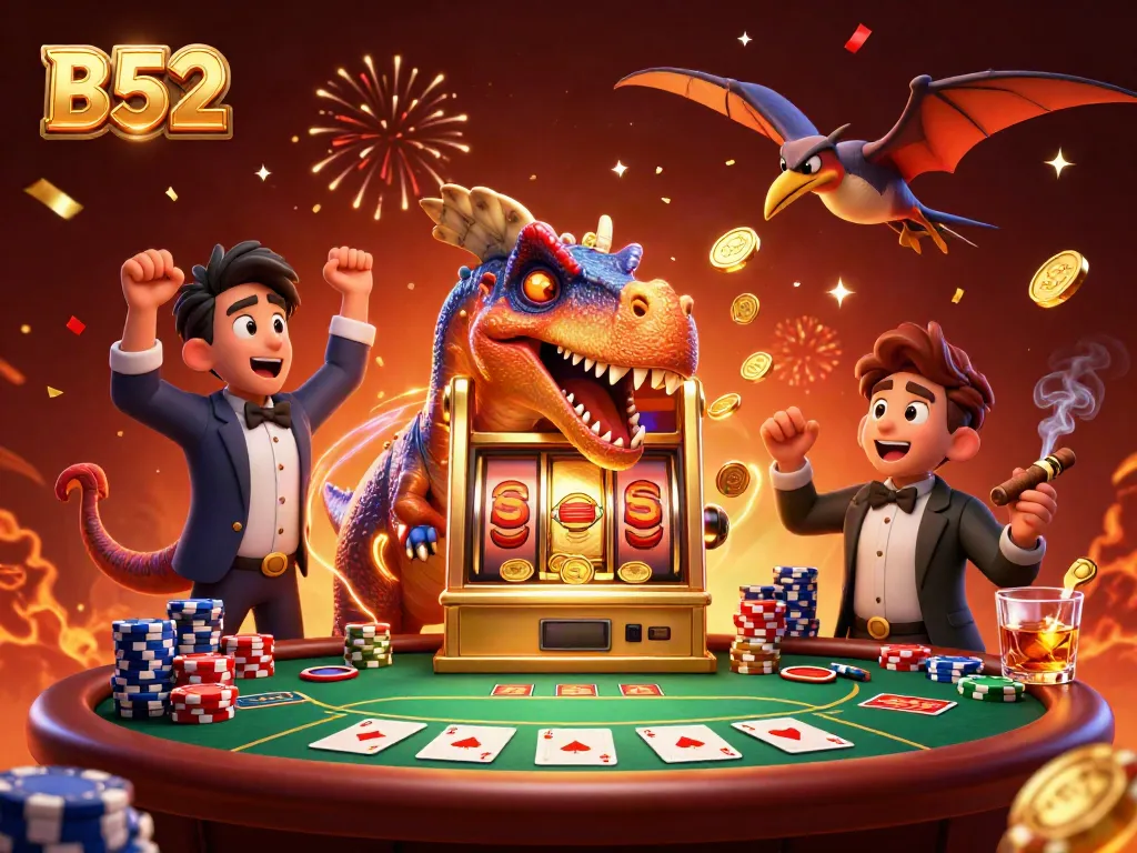 B52 dinosaur-themed slot machine jackpot scene with casino elements and colorful decor.