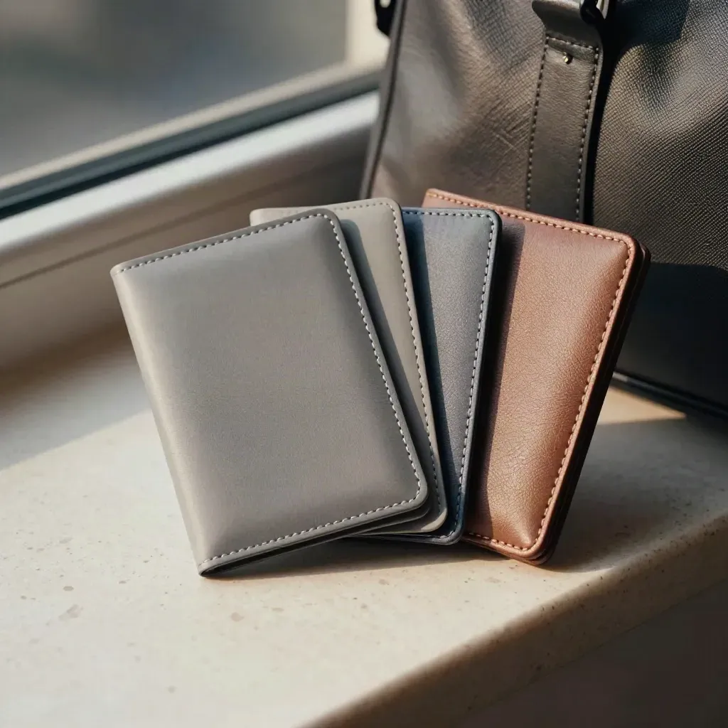 Wallet shield bundle with sleeve, passport insert, and slim wallet on travertine.