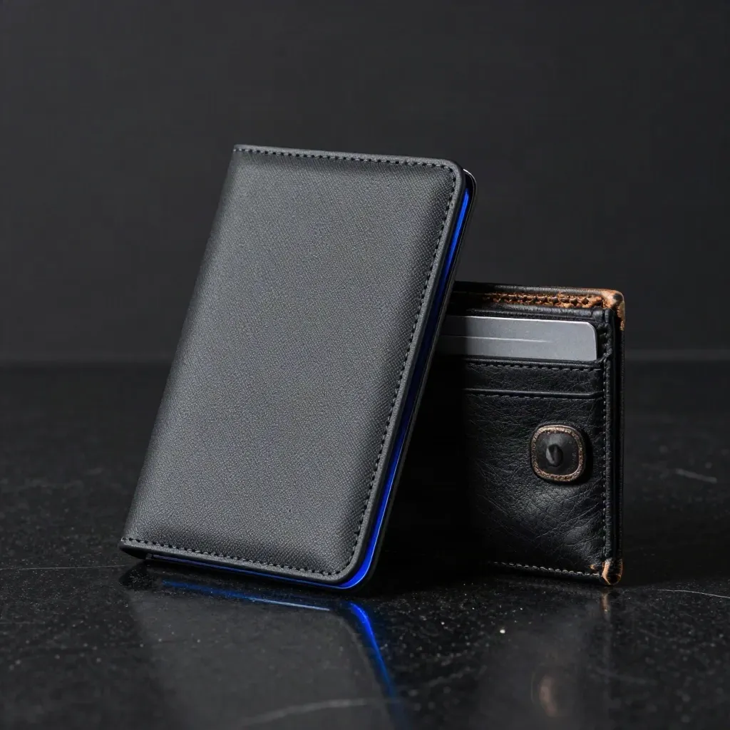 Upright wallet sleeve beside a leather wallet and two card edges on a dark studio floor.