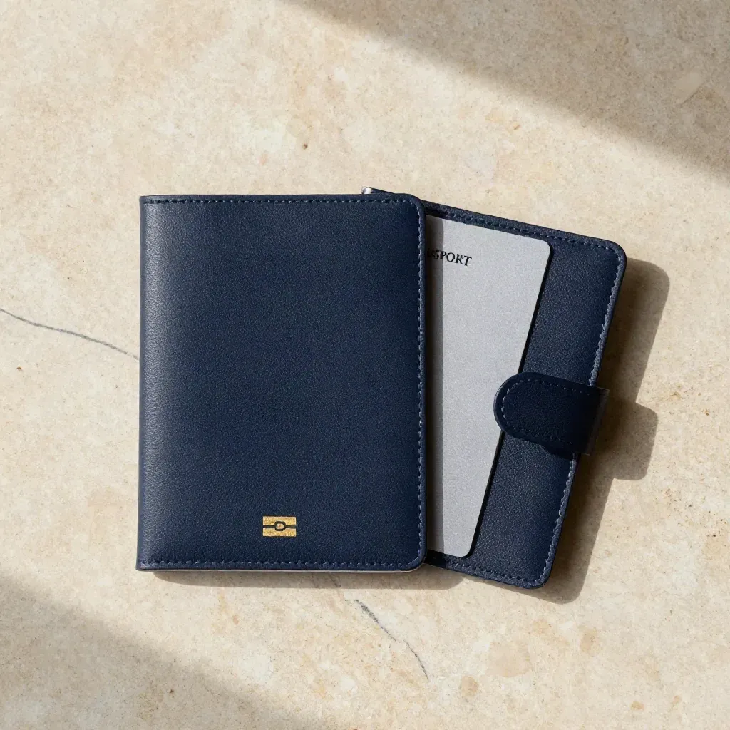 Overhead flatlay of a navy RFID passport sleeve over a travel booklet with a folded card beside it.