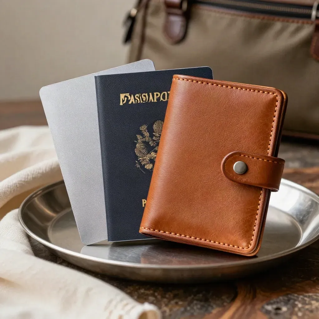 Extreme macro of a Faraday travel set: shield card, passport sleeve and wallet insert on warm bronze.