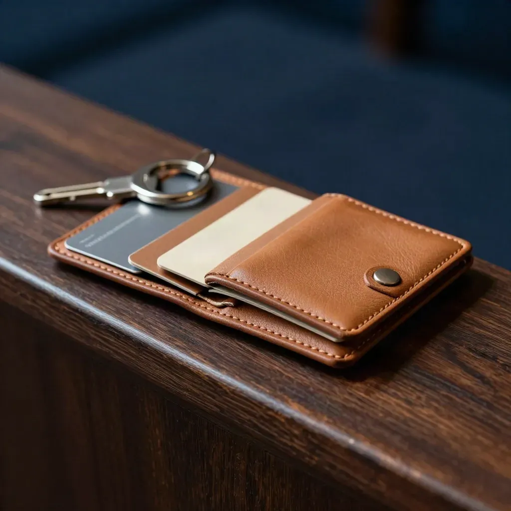 Three RFID card sleeves sliding from a leather wallet beside keys on a dark wood ledge.
