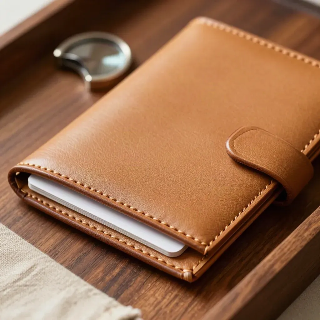 Macro passport cover half-open with a card tucked inside, lit on warm walnut with soft rim light