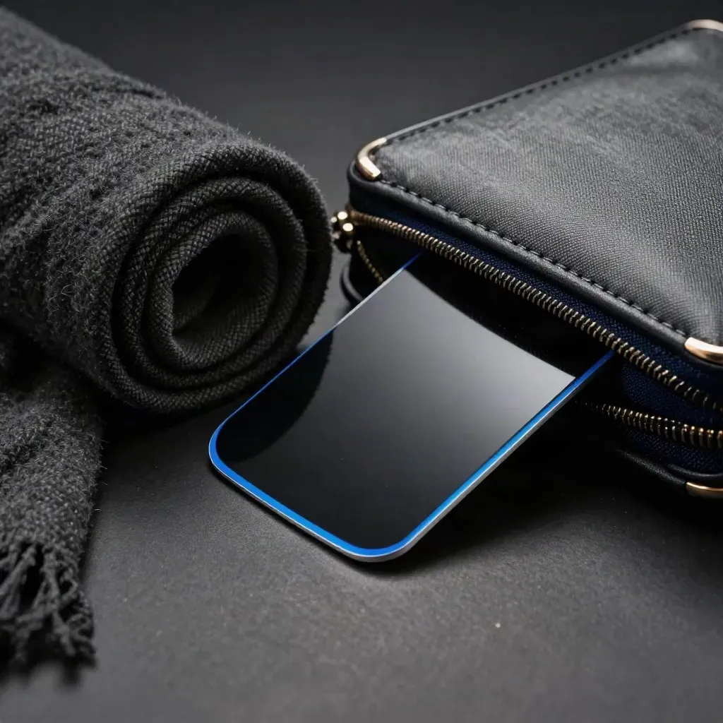 Scan shield card beside a scarf and travel pouch in dramatic blue-lit shadow