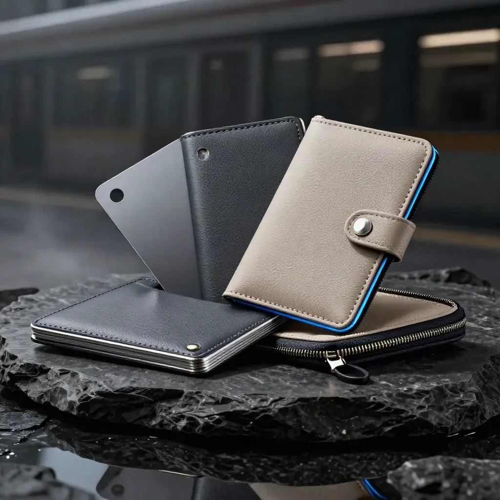 Travel security kit with shielding card, passport sleeve, wallet insert, and pouch on dark stone.
