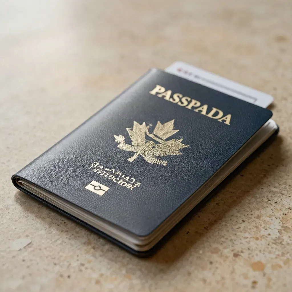 Macro of an opened passport protector revealing lining and seam on a neutral stone surface.
