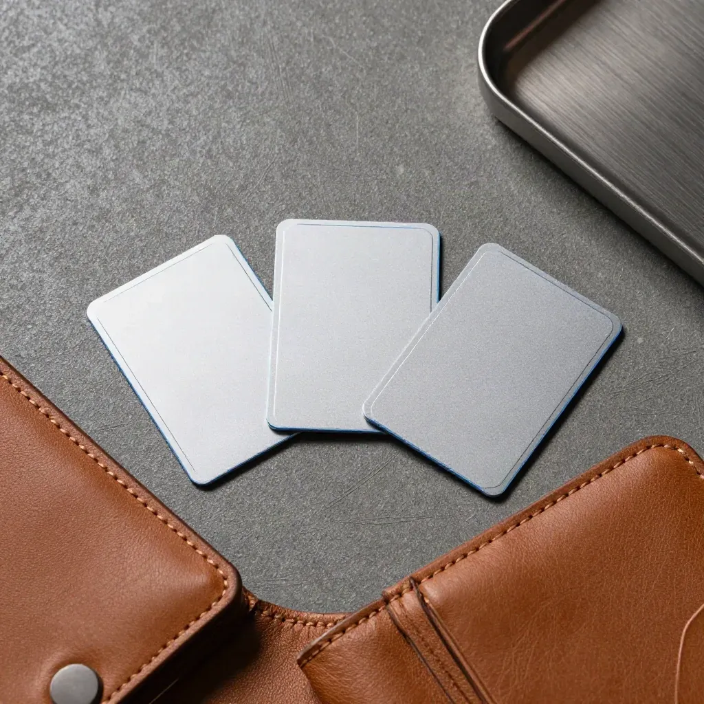 Three NFC shield cards fanned beside a leather wallet corner and metal tray on concrete.