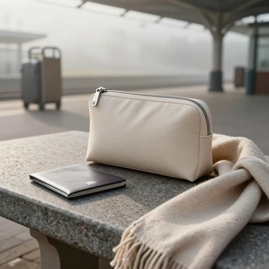 Scan pouch, passport sleeve, and scarf on a misty stone bench.