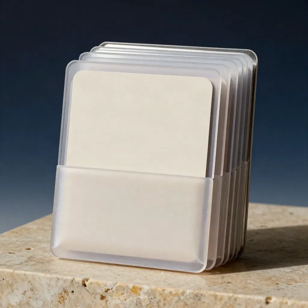 Five frosted RFID tap card sleeves fanned on a limestone plinth with a soft navy glow.