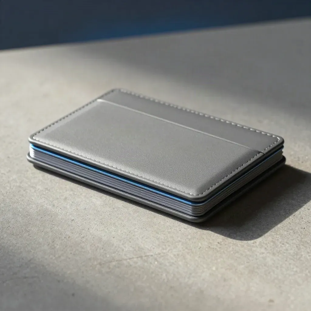 Macro side view of a hard-shell anti-skim card case with two card edges at the seam.