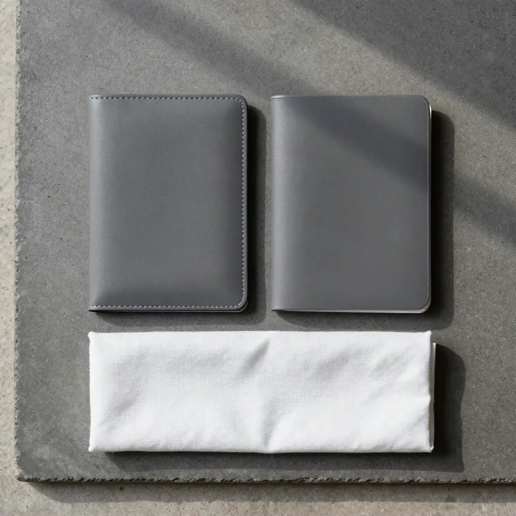 Two mirrored passport RFID sleeves beside a blank passport-shaped booklet and folded linen on concrete.
