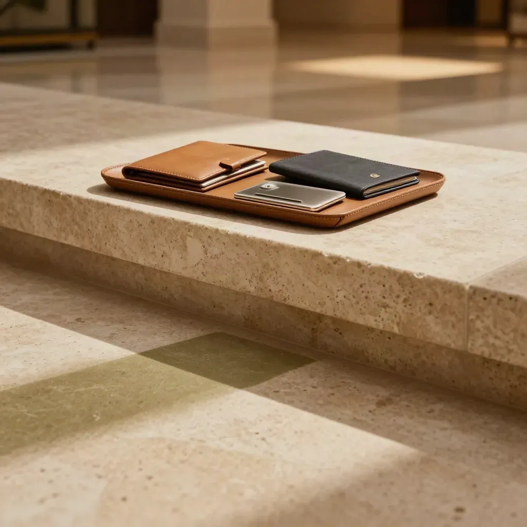 Travertine hotel threshold with passport cover and RFID travel accessories in warm golden light.