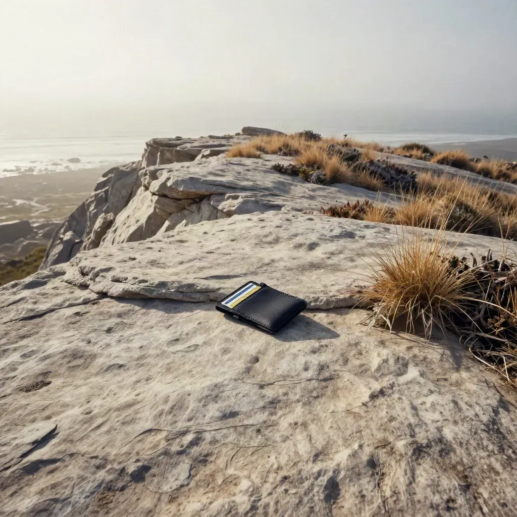 Foggy coastal overlook with pale rock, dry grass, and a blurred sea line above calm open space.