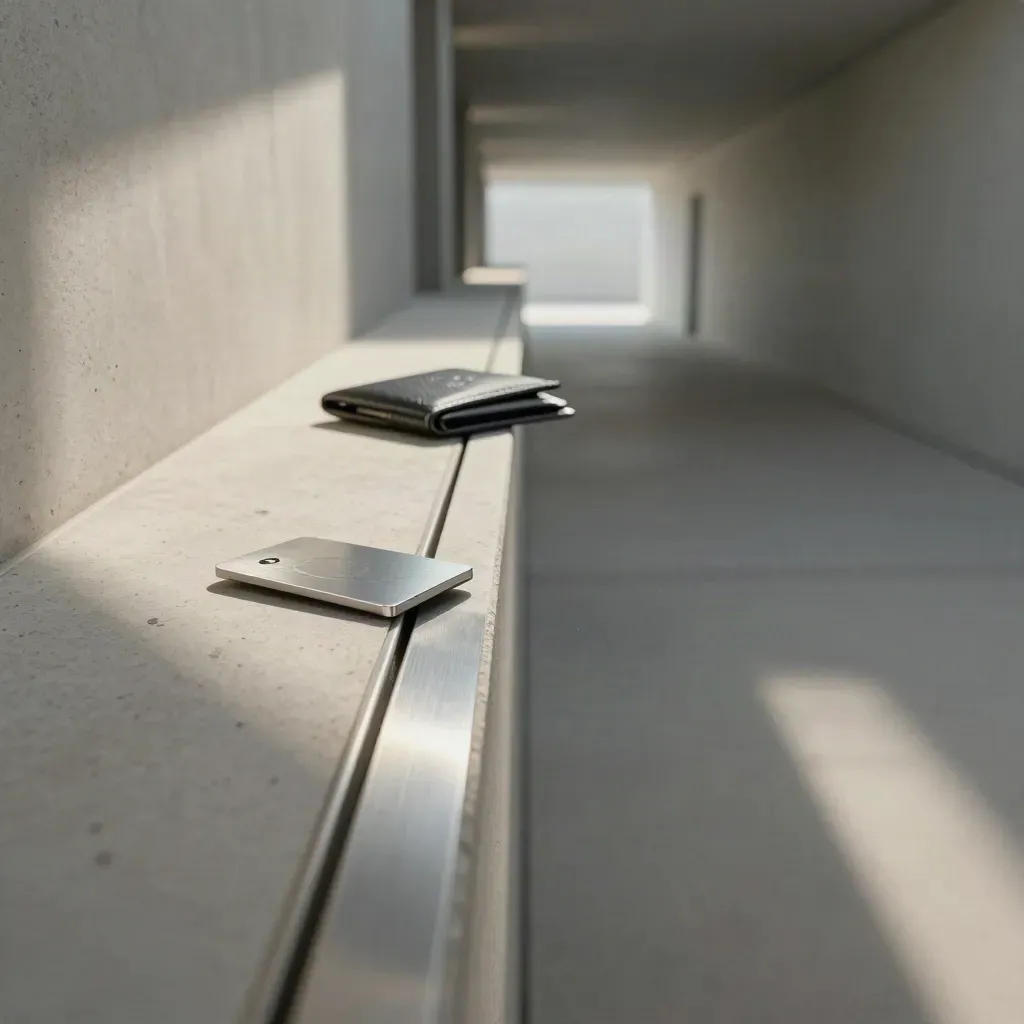Concrete corridor with RFID-blocking wallet inserts and passport sleeves in soft daylight.