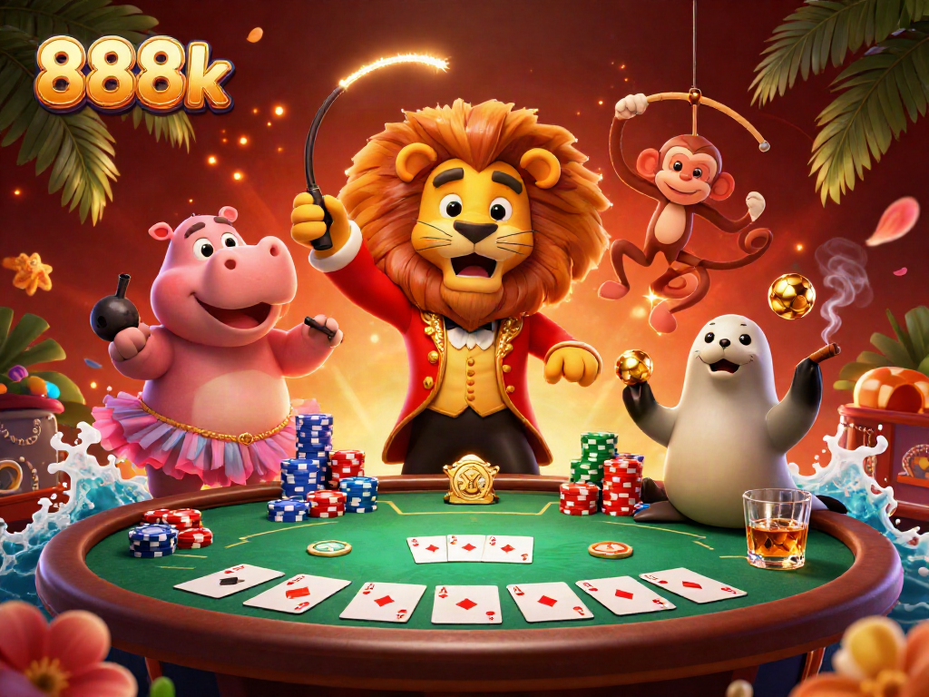 Experience the vibrant casino action at 888k with a lively scene featuring colorful characters and poker elements.