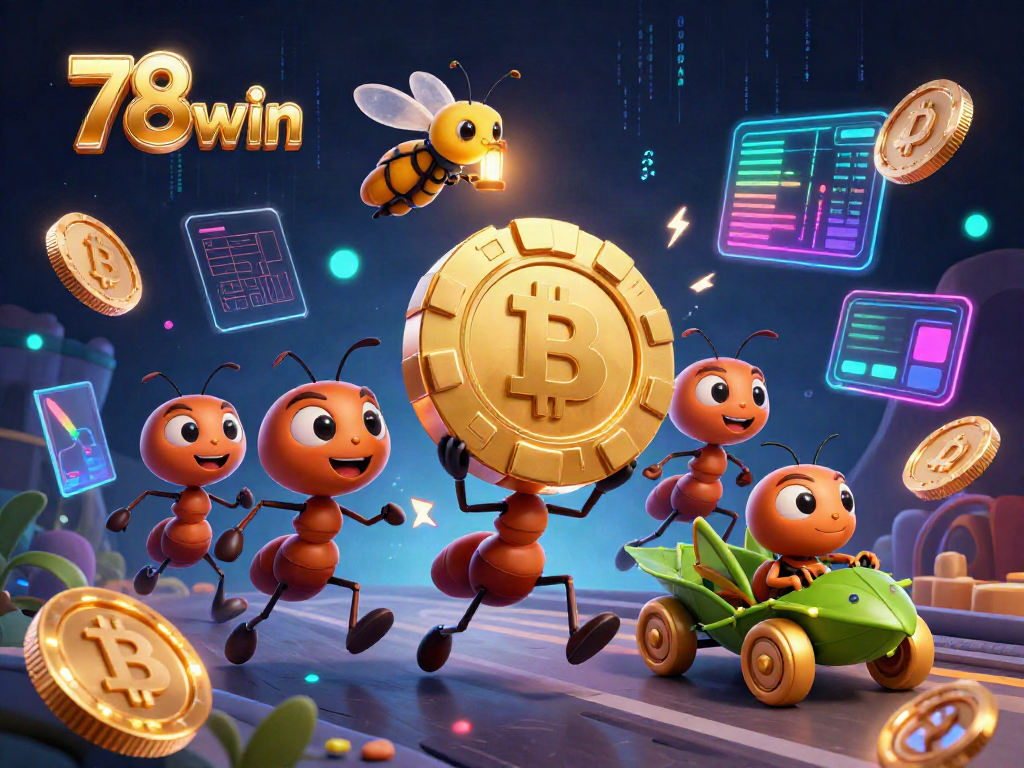 78win showcases a dynamic scene of ants executing a heist with a giant poker chip, embodying excitement and strategy.