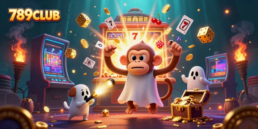 Engage in thrilling casino adventures with 789CLUB, where playful poltergeist monkey and ghost-hunter puppy explore a jackpot-filled casino.