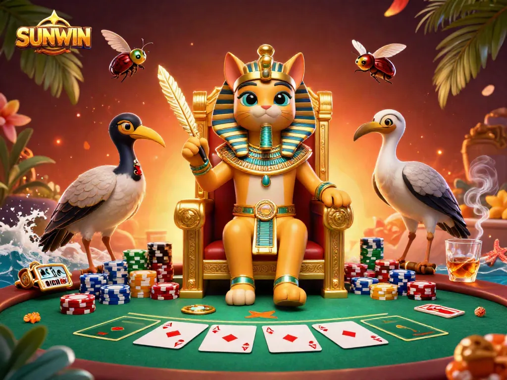 Experience the vibrant energy of SUNWIN in an exhilarating casino scene with a regal pharaoh cat and scribe.