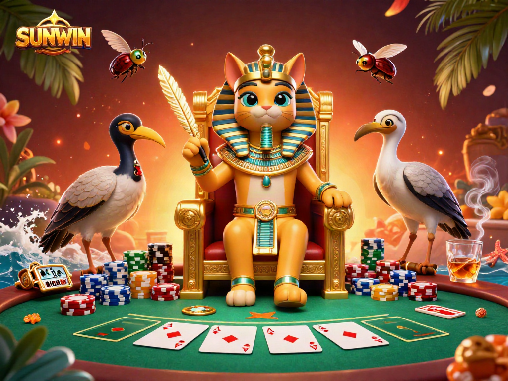 Experience the vibrant energy of SUNWIN in an exhilarating casino scene with a regal pharaoh cat and scribe.