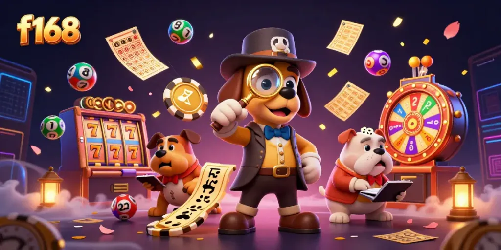 Engage with f168’s vibrant casino scene featuring a detective bloodhound and colorful gaming elements.