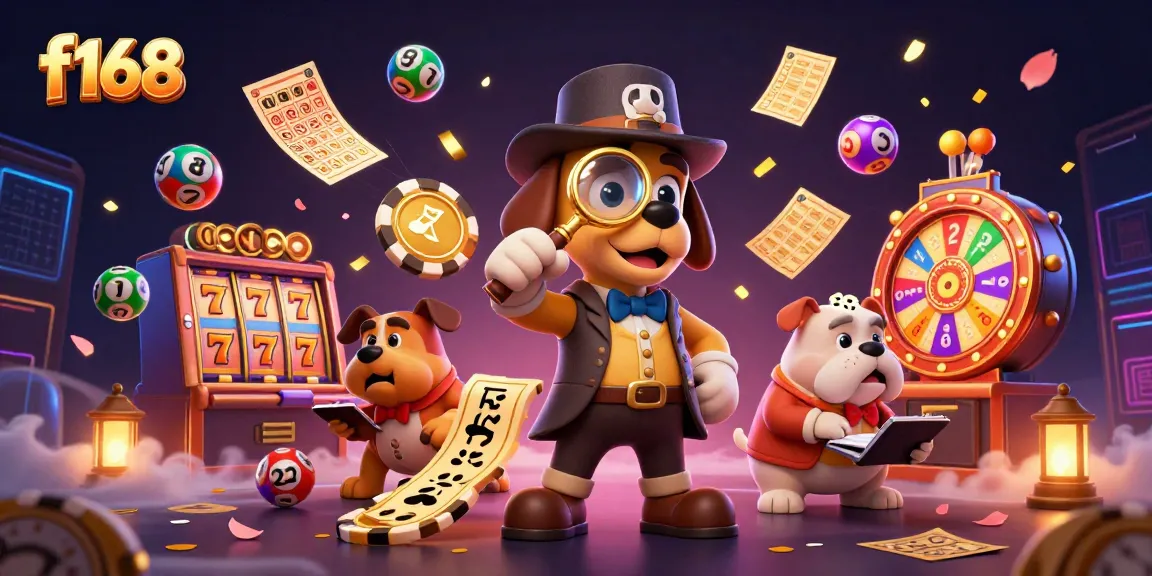 Engage with f168’s vibrant casino scene featuring a detective bloodhound and colorful gaming elements.