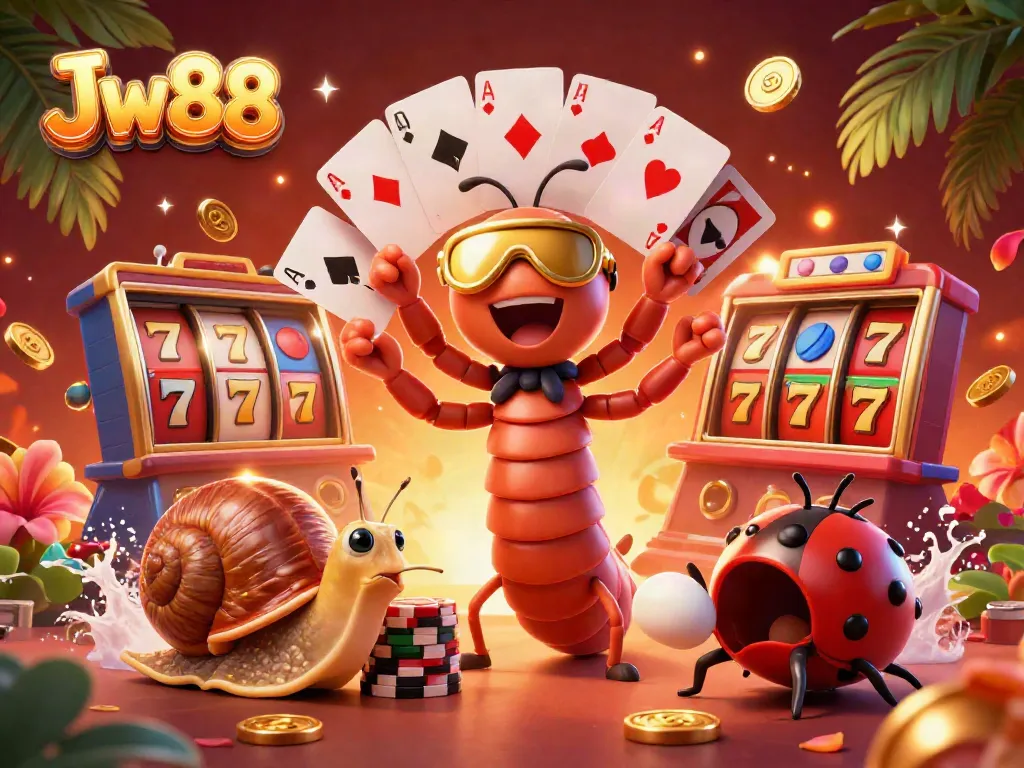 Enjoy the excitement of Jw88 with a vibrant 3D illustration of a cartoon millipede dealer amidst slot machines and lively casino elements.