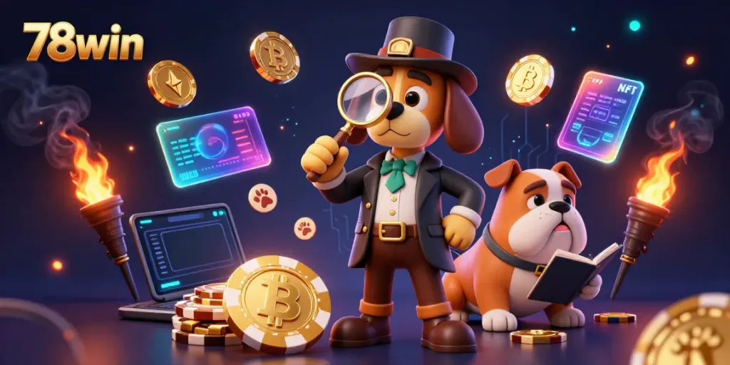 Bet on big wins with 78win's thrilling poker scene featuring golden chips, cartoon detectives, and crypto elements.