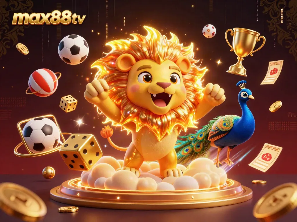 Experience the thrill of winning with max88tv's vibrant 3D casino scene showcasing dynamic sports betting elements.