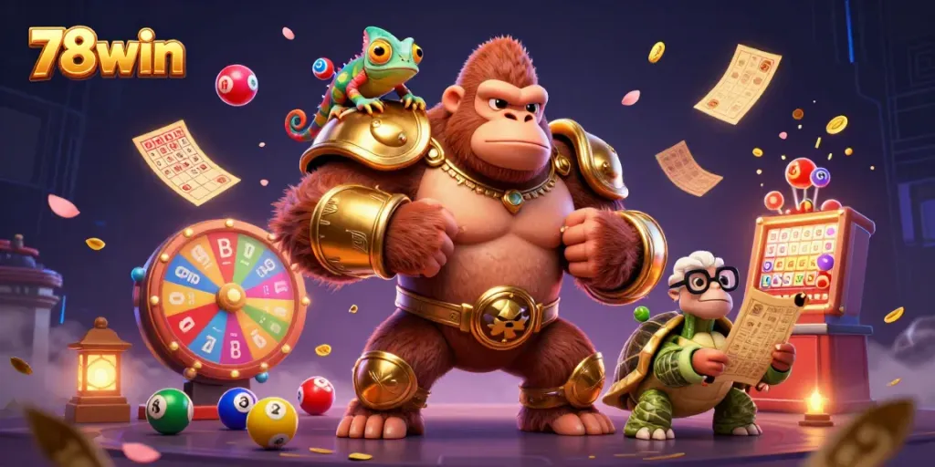Engage with the vibrant world of 78win, where colorful lottery elements bounce around dynamic characters in a lively casino atmosphere.