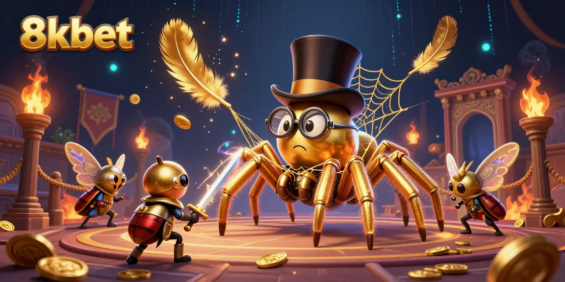 Experience thrilling 8xbet adventures with a golden tarantula and beetle knight in a vibrant casino.