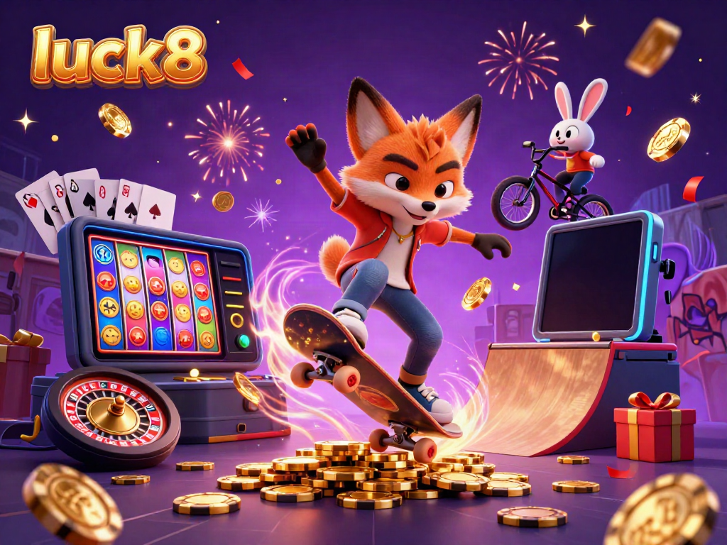 Experience the excitement of luck8 with casino-themed cartoon characters in a vibrant scene.