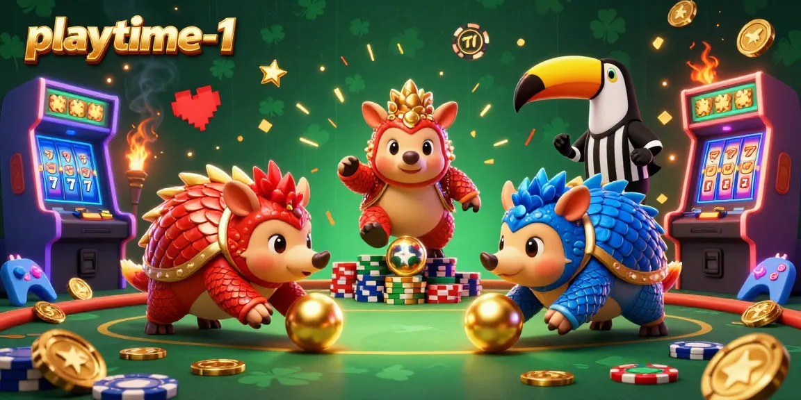 Two rival pangolins in a dynamic scene celebrating wins at playtime-1 casino, featuring slot elements and vibrant confetti.