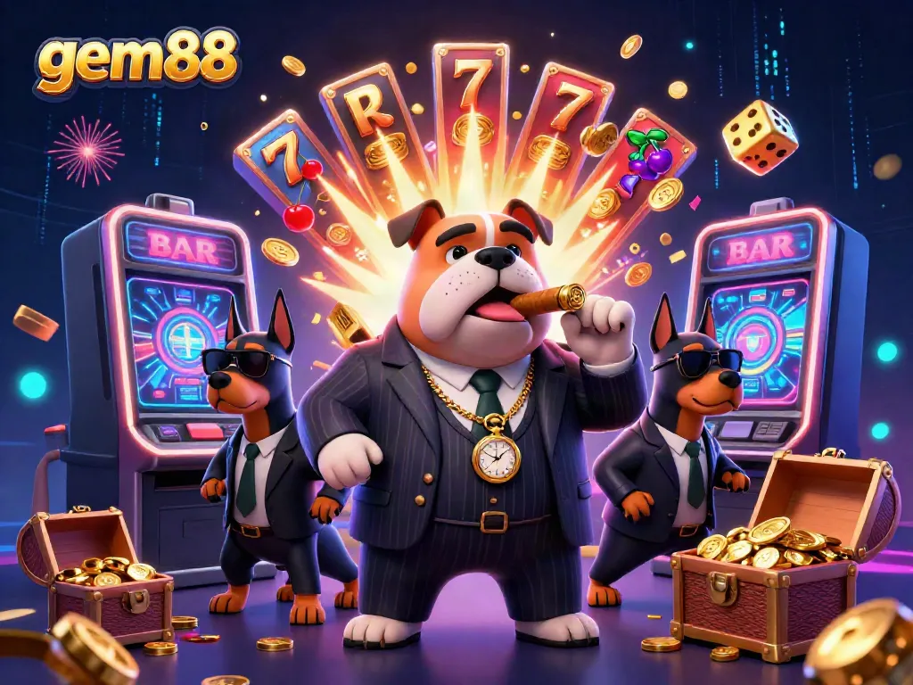 Experience gem88's exciting casino atmosphere with cartoon characters amidst jackpot chaos.
