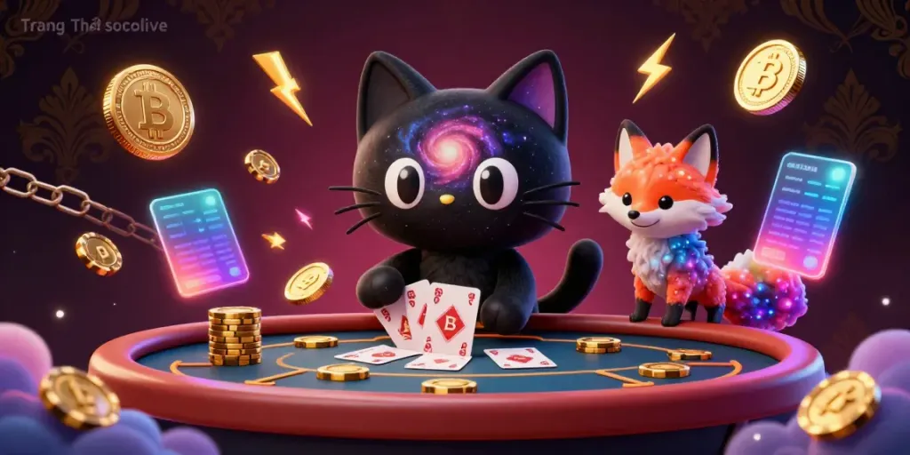 Engage with the cosmic allure of Trang Chủ socolive, featuring a black hole cat at a casino table.