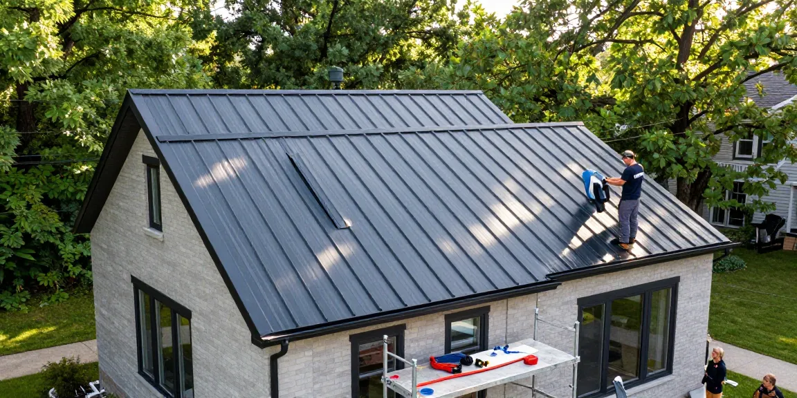 Completed metal roofing projects Ontario showcasing modern standing seam roof installation on a two-storey home.