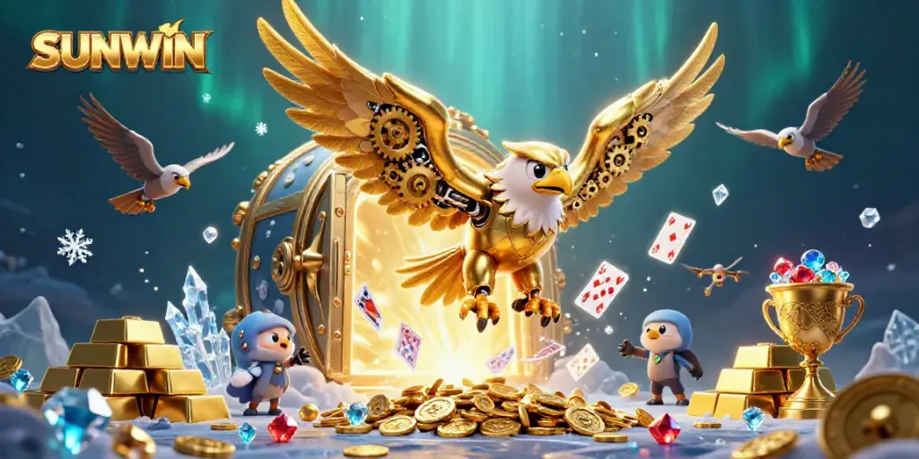 SUNWIN showcases a golden eagle flying through holographic playing cards, surrounded by casino treasures and jewels.