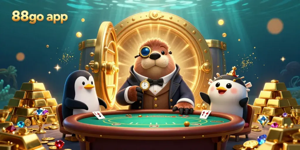 Join the 88go app promotional scene as characters play underwater poker with dazzling treasures.