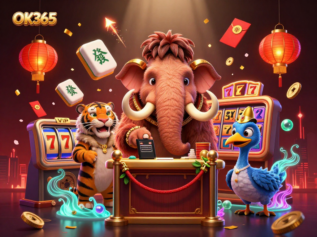 Embark on an exciting experience at OK365 with a colorful casino scene featuring characters interacting and games in motion.