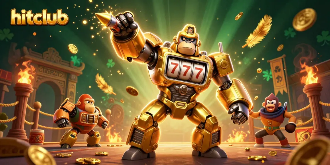 Experience hitclub's thrilling gaming universe with an explosive 3D scene filled with vibrant characters and casino elements.