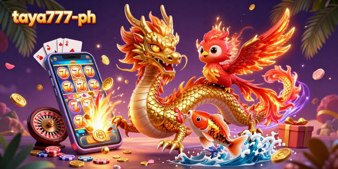 Experience thrill with taya777-ph featuring a dragon, phoenix, and koi fish amidst casino games.