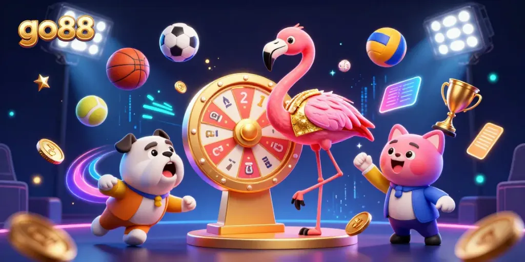 Excited characters at a carnival-themed go88 game show featuring games and prizes.