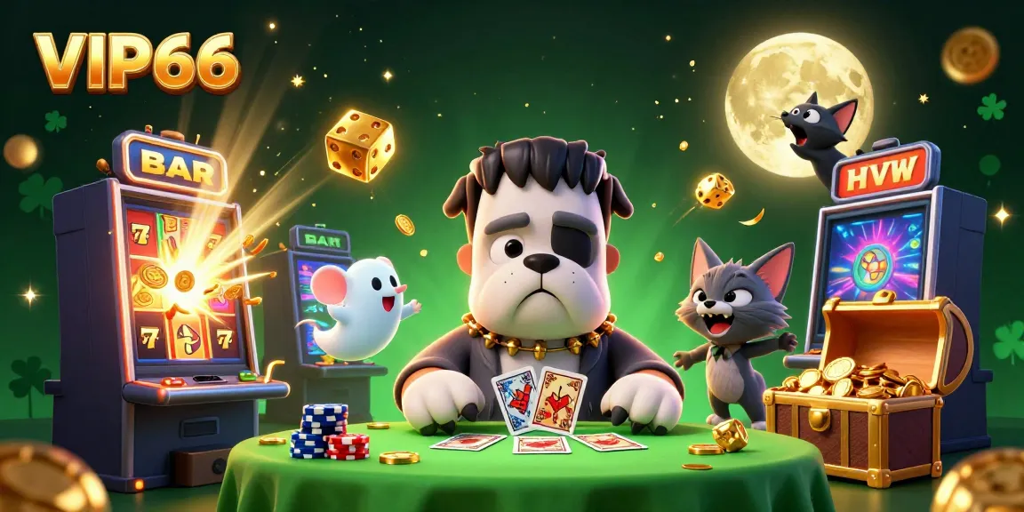 Experience the thrilling VIP66 casino action with a dynamic 3D illustration of fun characters and games.