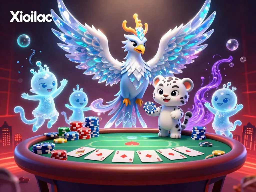 Xoilac features an engaging sports betting scene with a mythical phoenix and playful cub surrounded by poker elements.