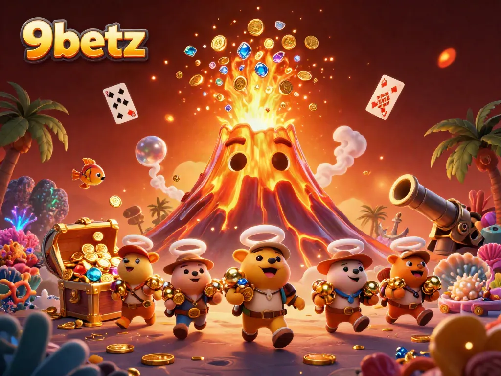 Experience the vibrant thrill of 9betz with a dynamic volcano scene pouring treasures, perfect for online gaming.
