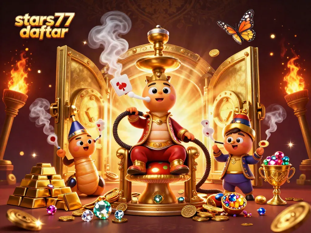 Gambarkan suasana bermain di stars77 daftar dengan karakter unik di latar belakang mewah.