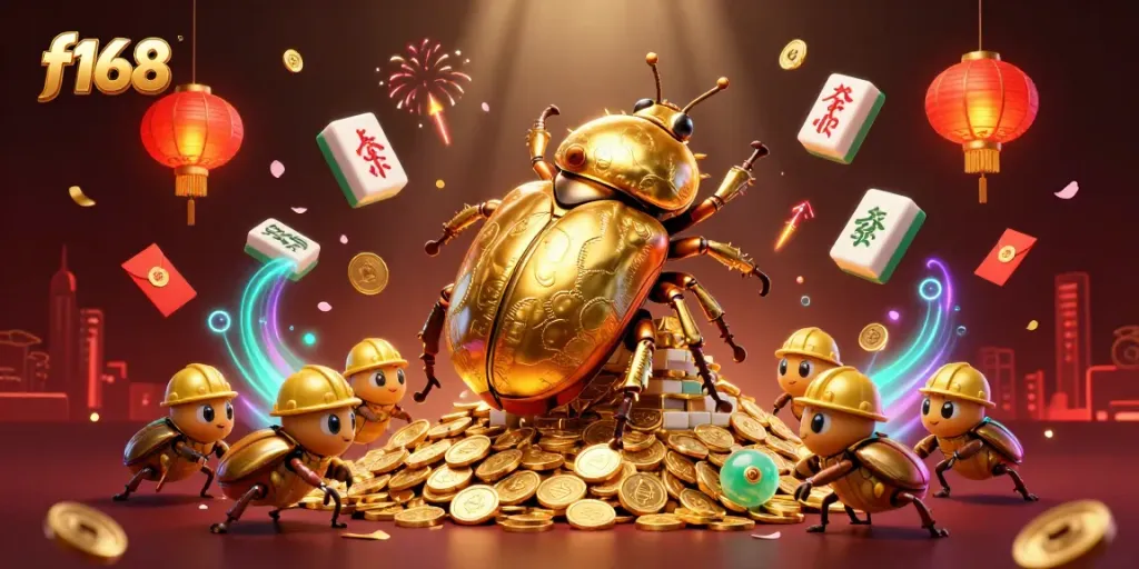 Engage with the vibrant f168 gaming experience through golden coins and festive elements.