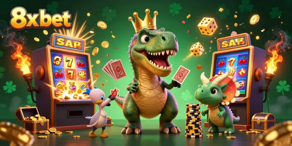 Engage with the vibrant 8x bet casino world featuring friendly dinosaur characters amidst a dynamic jackpot scene.